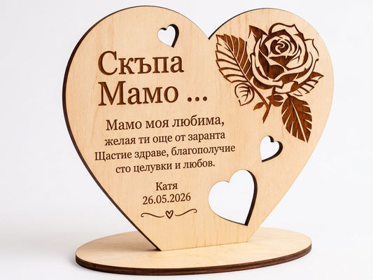 Дървено сърце с роза "Скъпа Мамо..." – Персонализиран подарък