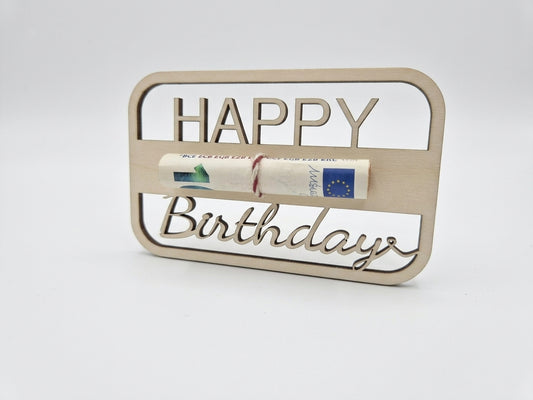 Дървен държач за пари "Happy Birthday" – Стилен подарък за рожден ден