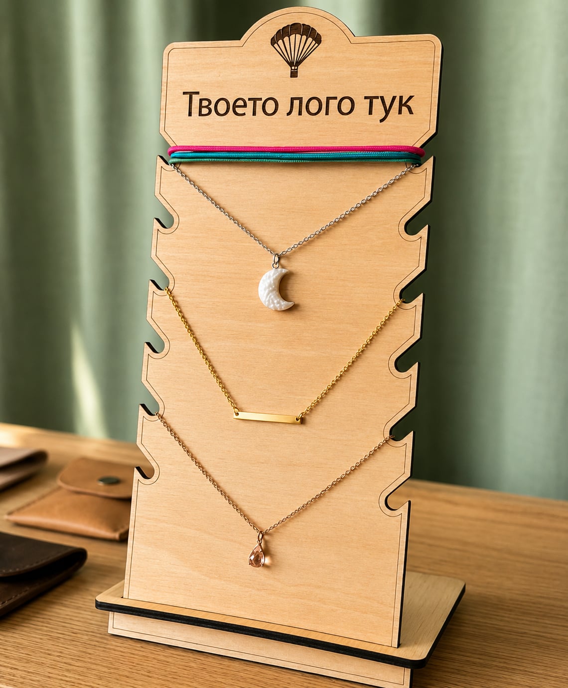 Персонализирана дървена стойка за бижута с лого или име за бизнес, подарък и лична употреба